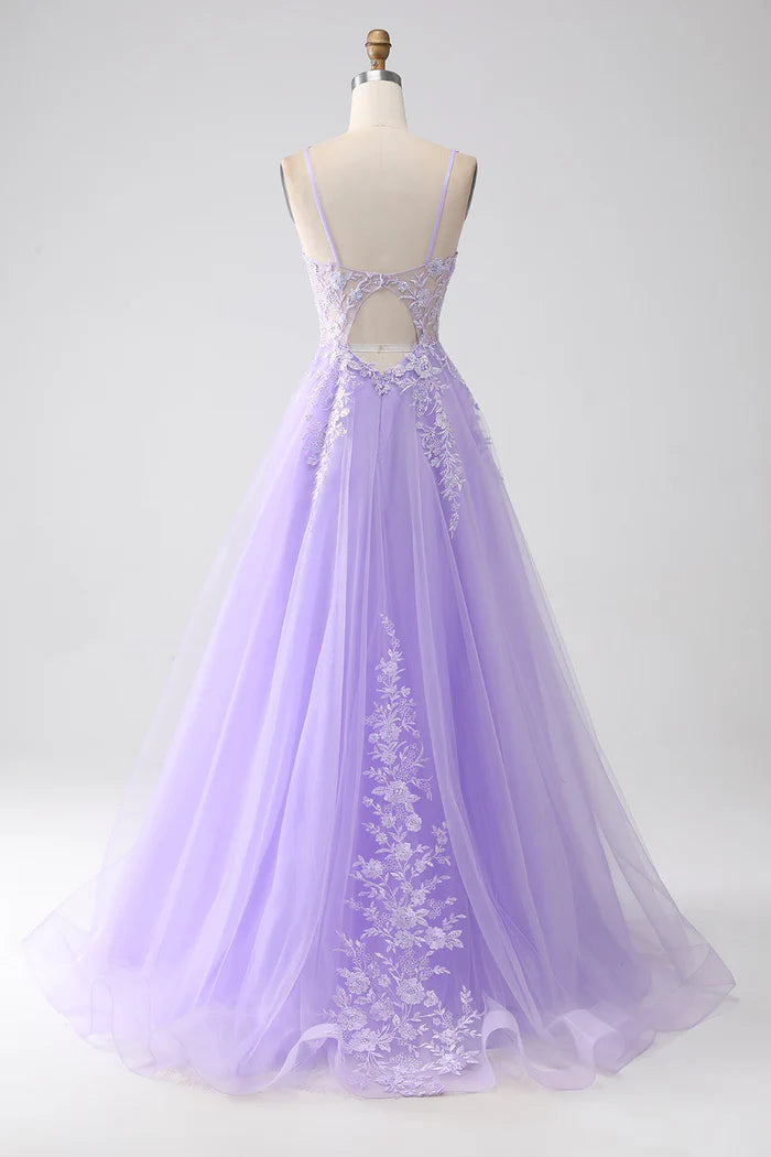 Robe Weitese lilas trapèze à bretelles spaghetti en tulle, robe longue, robe de bal, robe de soirée avec appliques